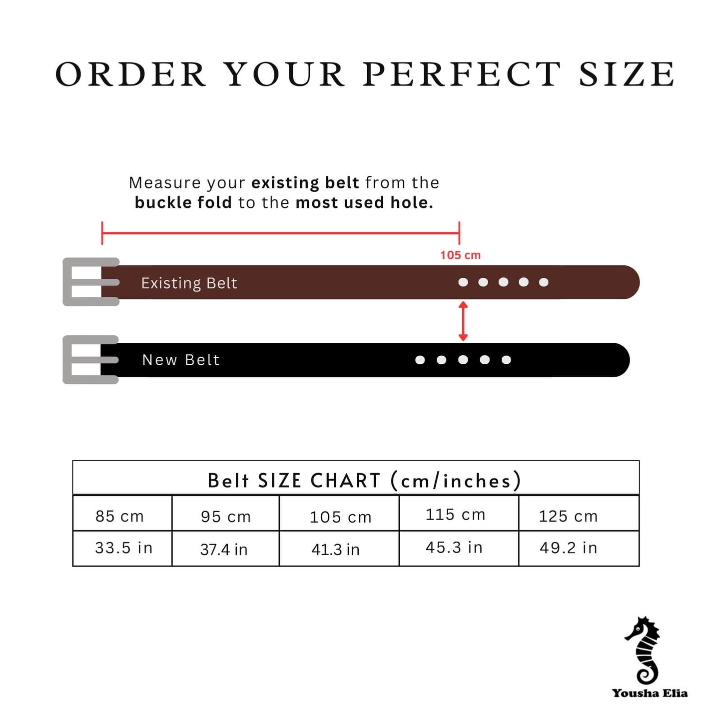 Belt size chart showing measurement and size conversion for Yousha Ella belts.