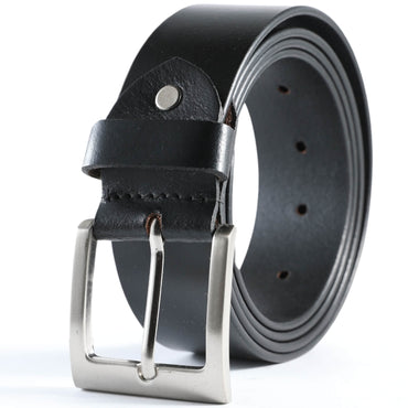 Black leather belt with silver buckle on a white background