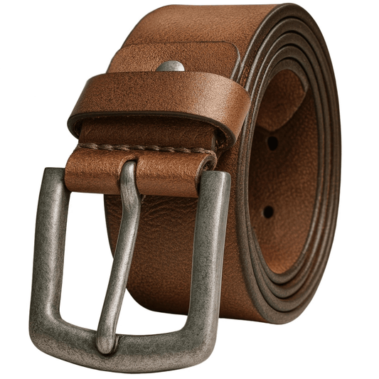 Brown leather belt with silver buckle on a white background