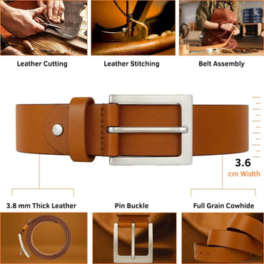 Brown leather belt with measurements and assembly steps on a white background