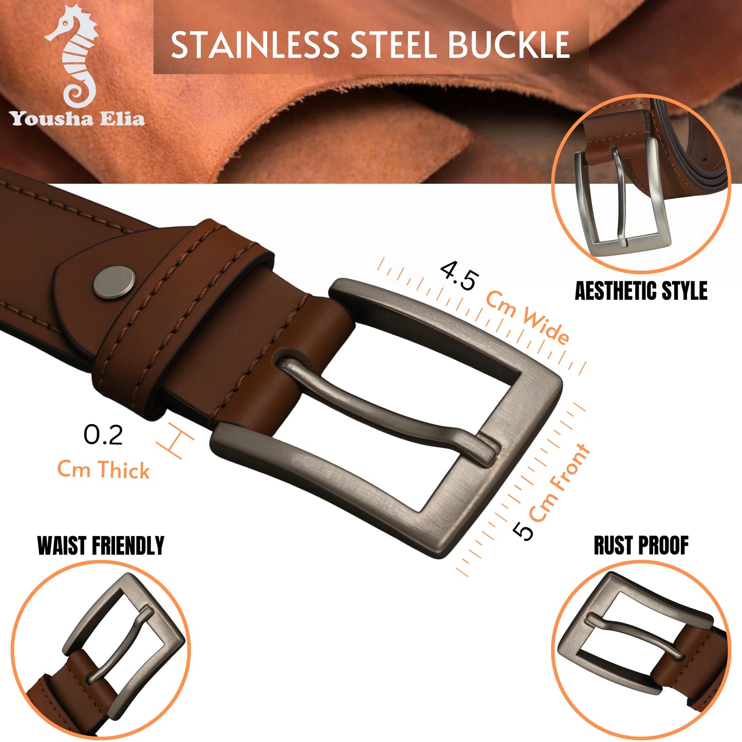 Brown belt with stainless steel buckle on a white background, featuring product details.
