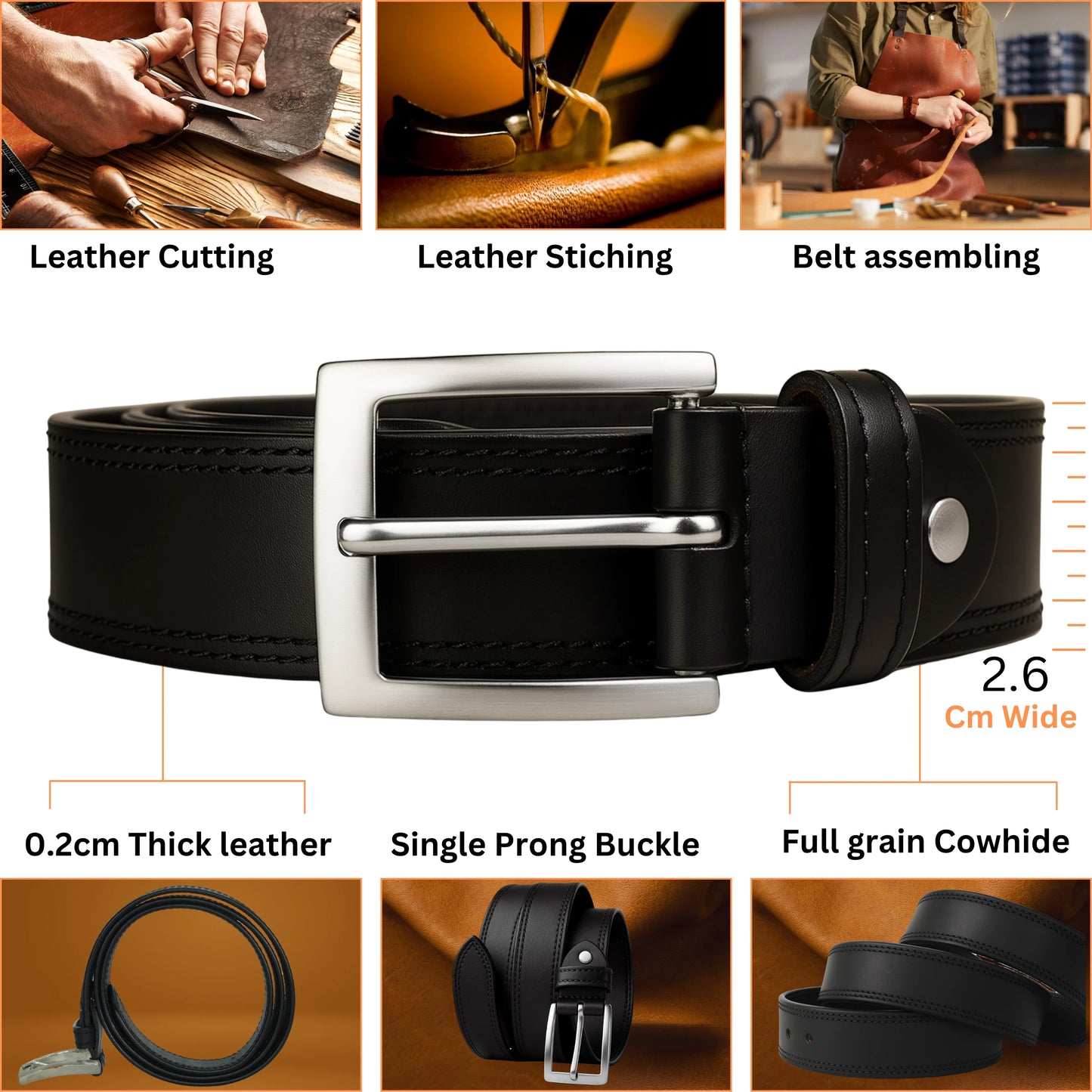 Black leather belt with silver buckle, shown with assembly steps and product details.