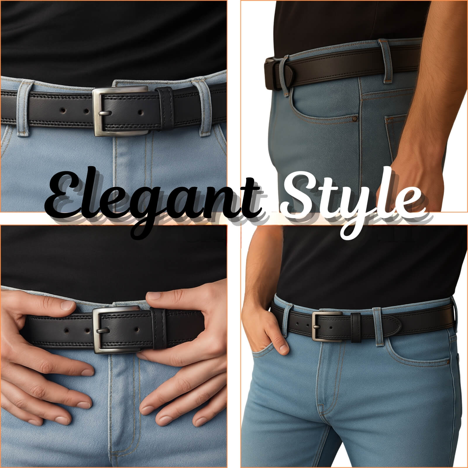 Black belt worn on light blue jeans with 'Elegant Style' text overlay.
