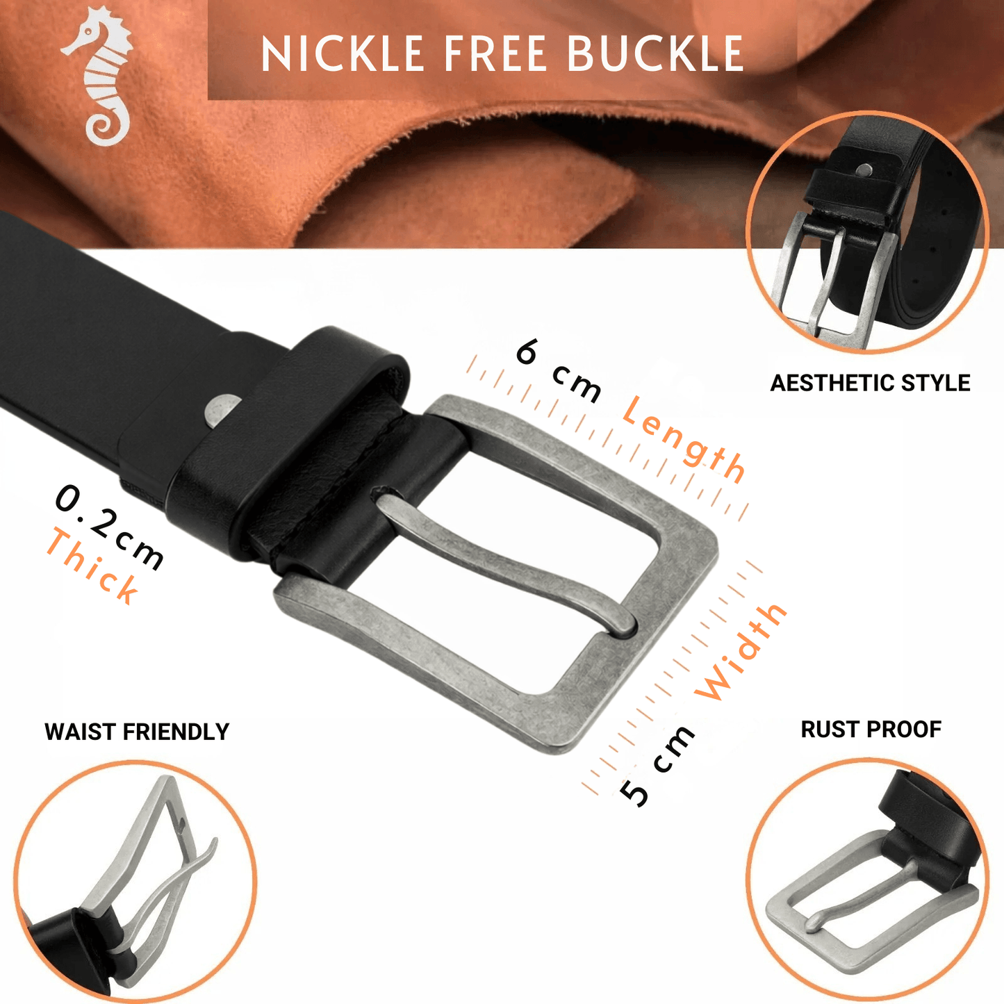 Black belt with silver buckle and product features highlighted on a white background