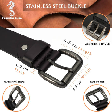 Black belt with stainless steel buckle, featuring product details and brand name.