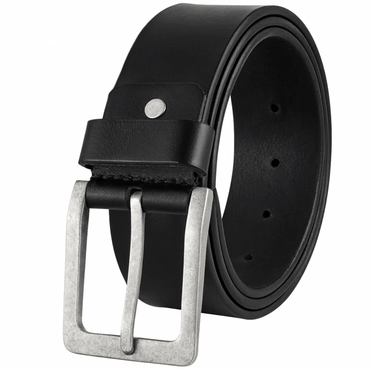 Black leather belt with a silver buckle on a white background
