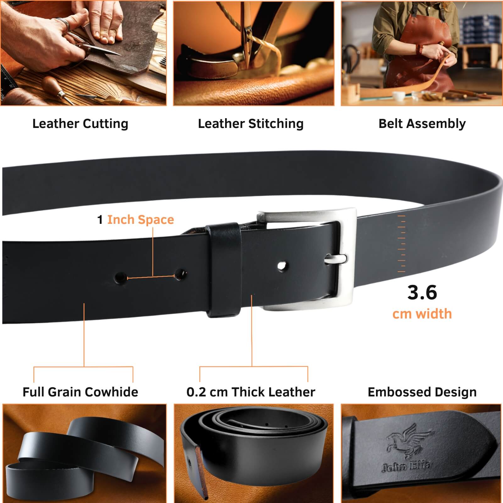 Black leather belt with assembly steps and material details on a wooden background