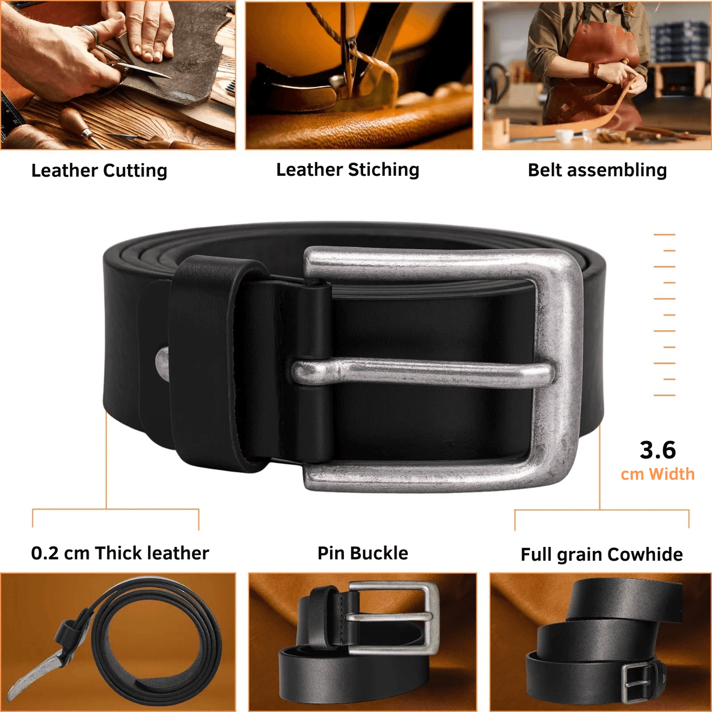 Black leather belt with silver buckle, shown with assembly steps and material details.