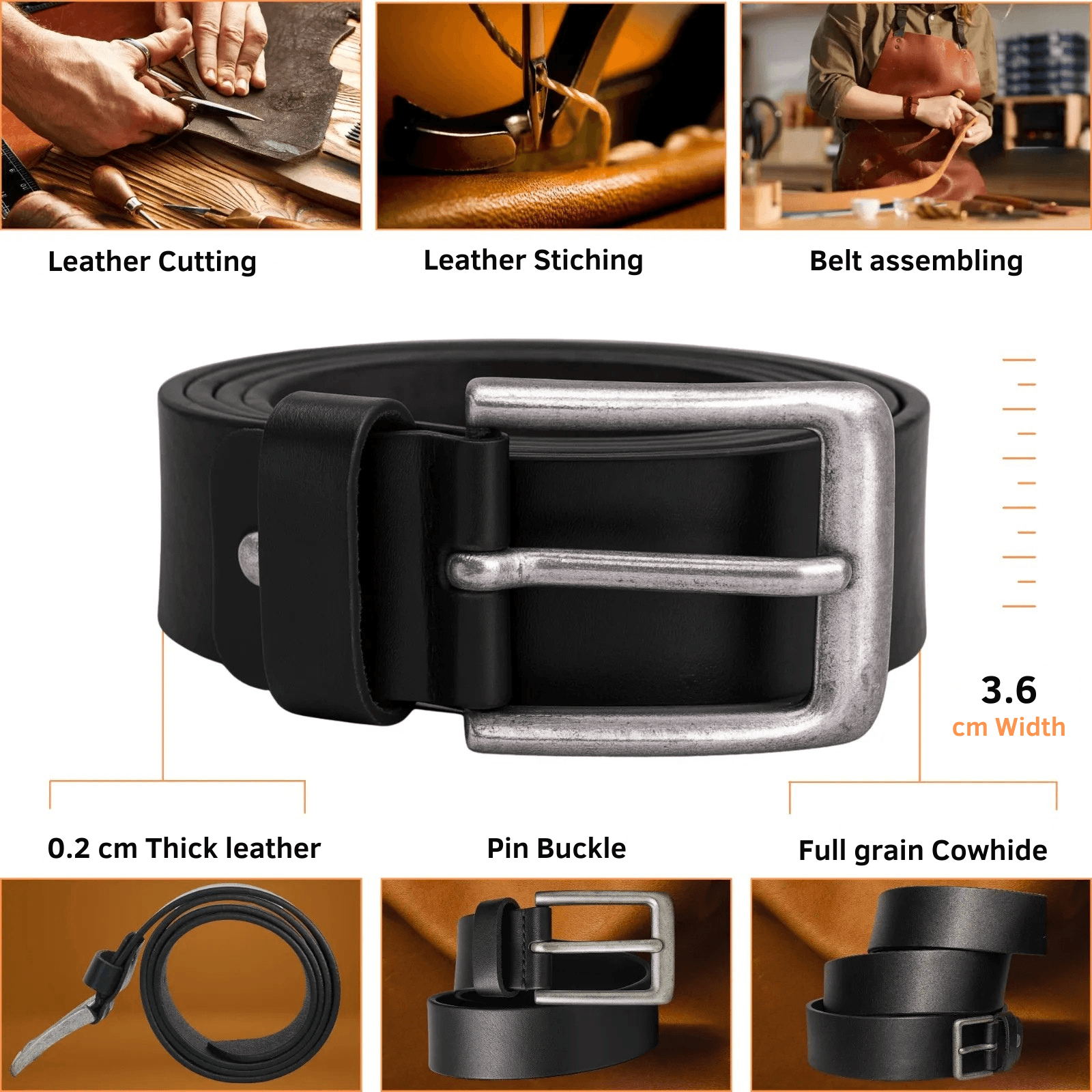 Black leather belt with silver buckle, shown with assembly steps and material details.
