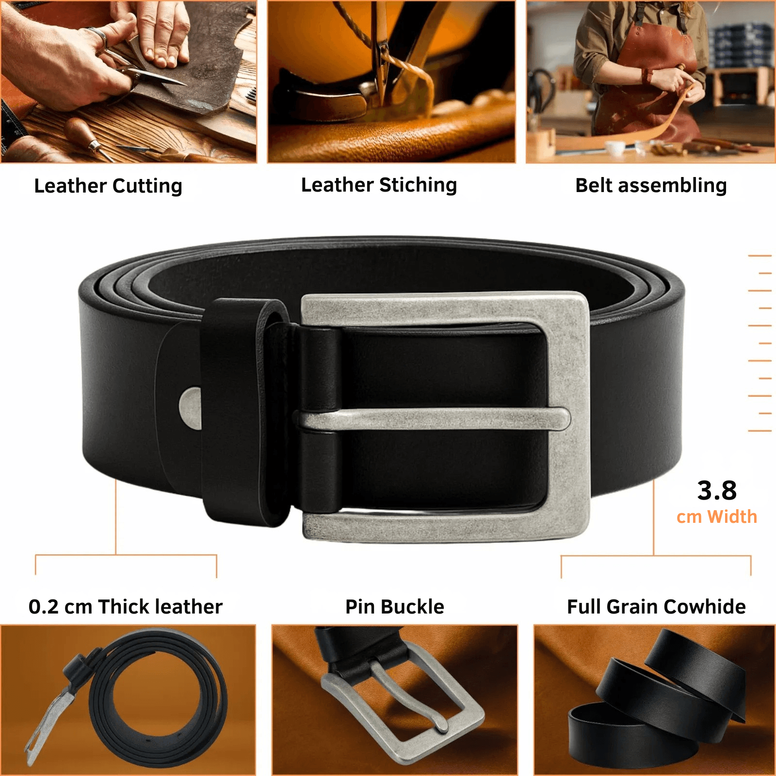 Black leather belt with silver buckle, shown with manufacturing process steps and detailed measurements.