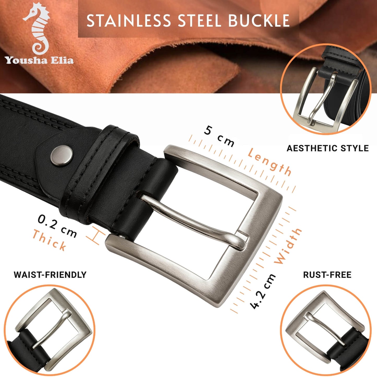 Black leather belt with stainless steel buckle, featuring dimensions and material details.