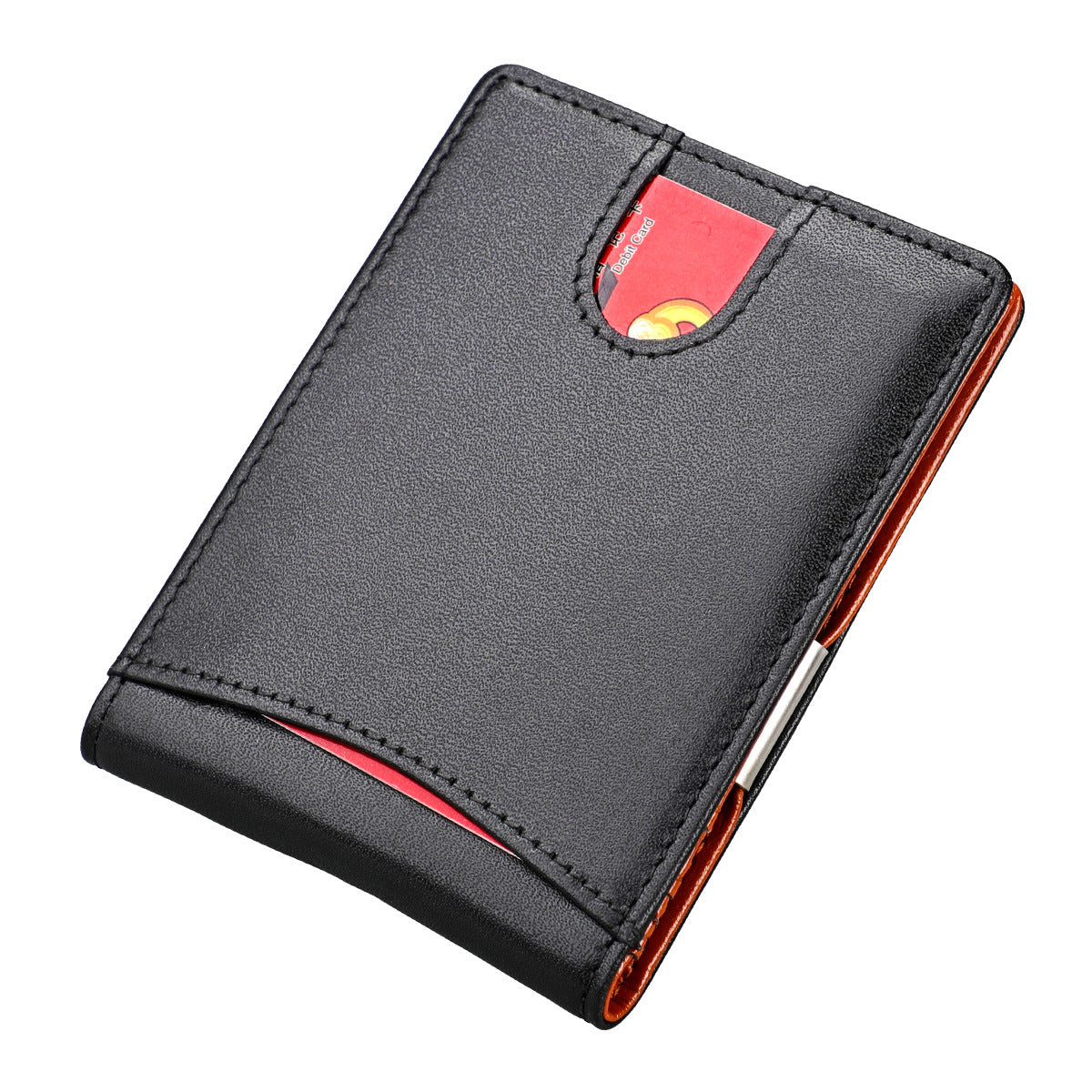 Black leather wallet with a red card pocket on a white background