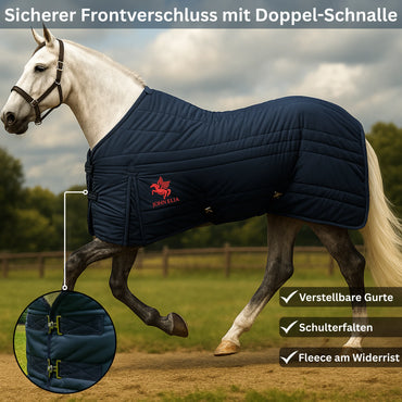 Horse wearing a blue blanket with a brand logo, standing in an outdoor setting.