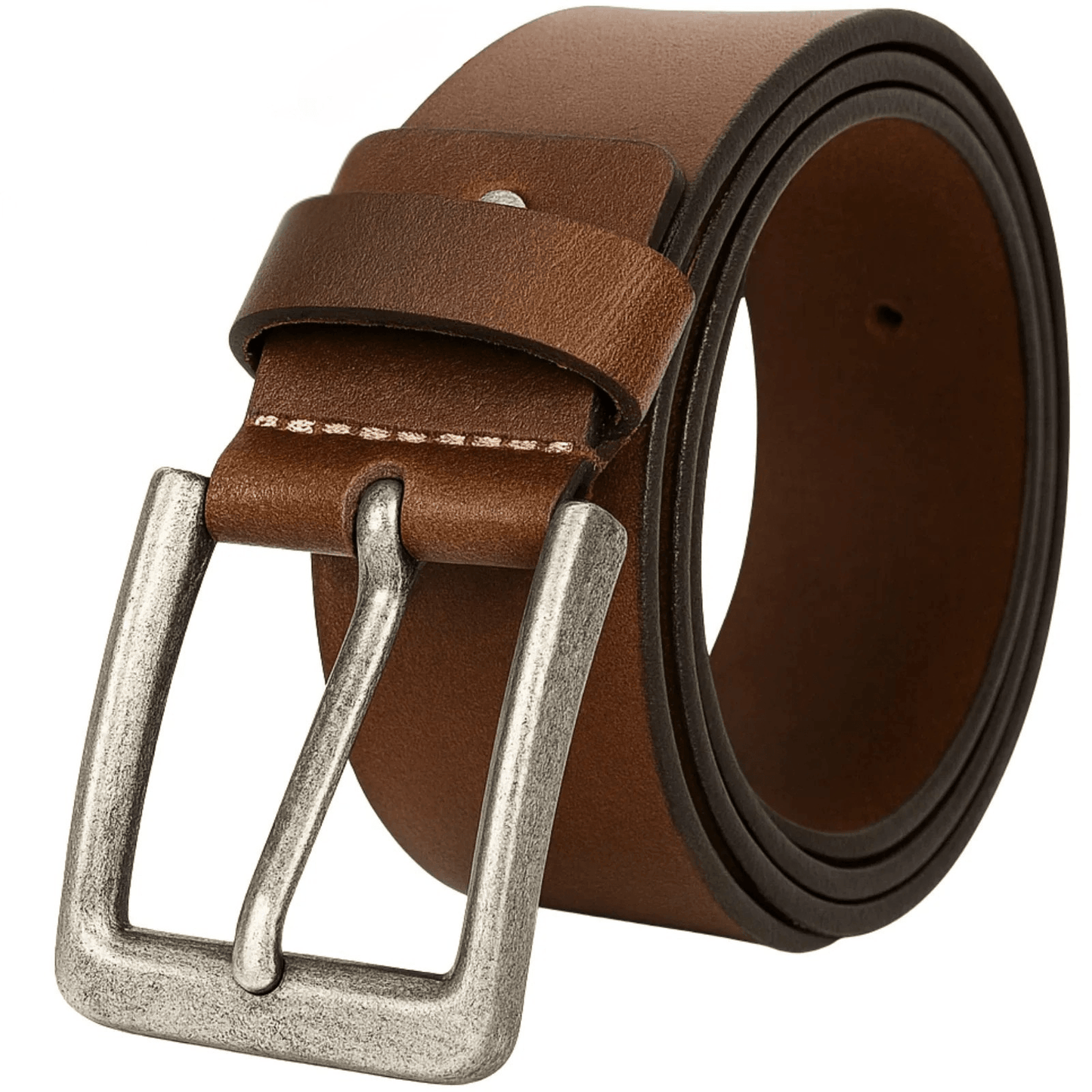 Brown leather belt with a silver buckle on a white background