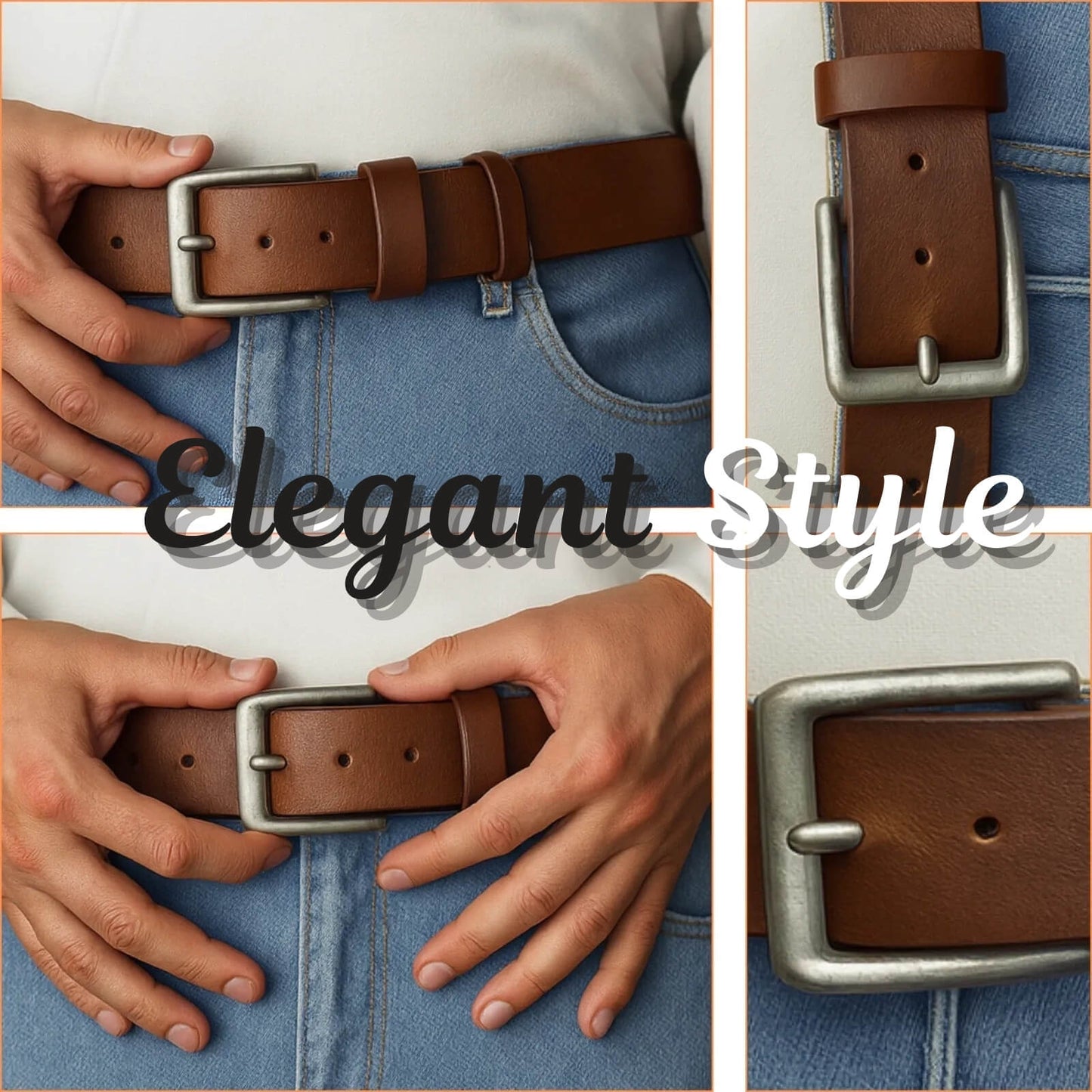 Brown leather belt with silver buckle worn on blue jeans, with 'Elegant Style' text overlay.