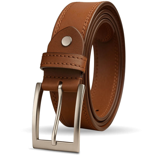 Brown leather belt with silver buckle on a white background