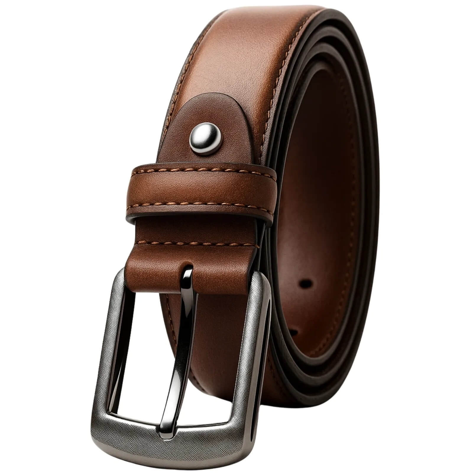 Brown leather belt with silver buckle on a white background