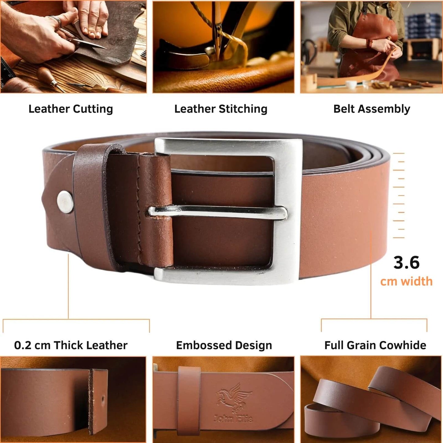 Brown leather belt with silver buckle, shown in various stages of production and features.