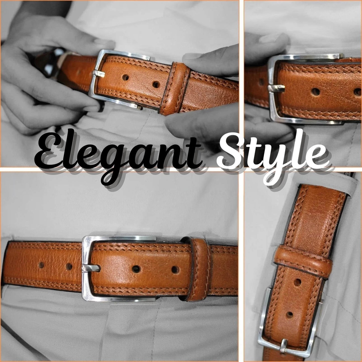 Brown leather belt with silver buckle held by a hand, labeled 'Elegant Style'.