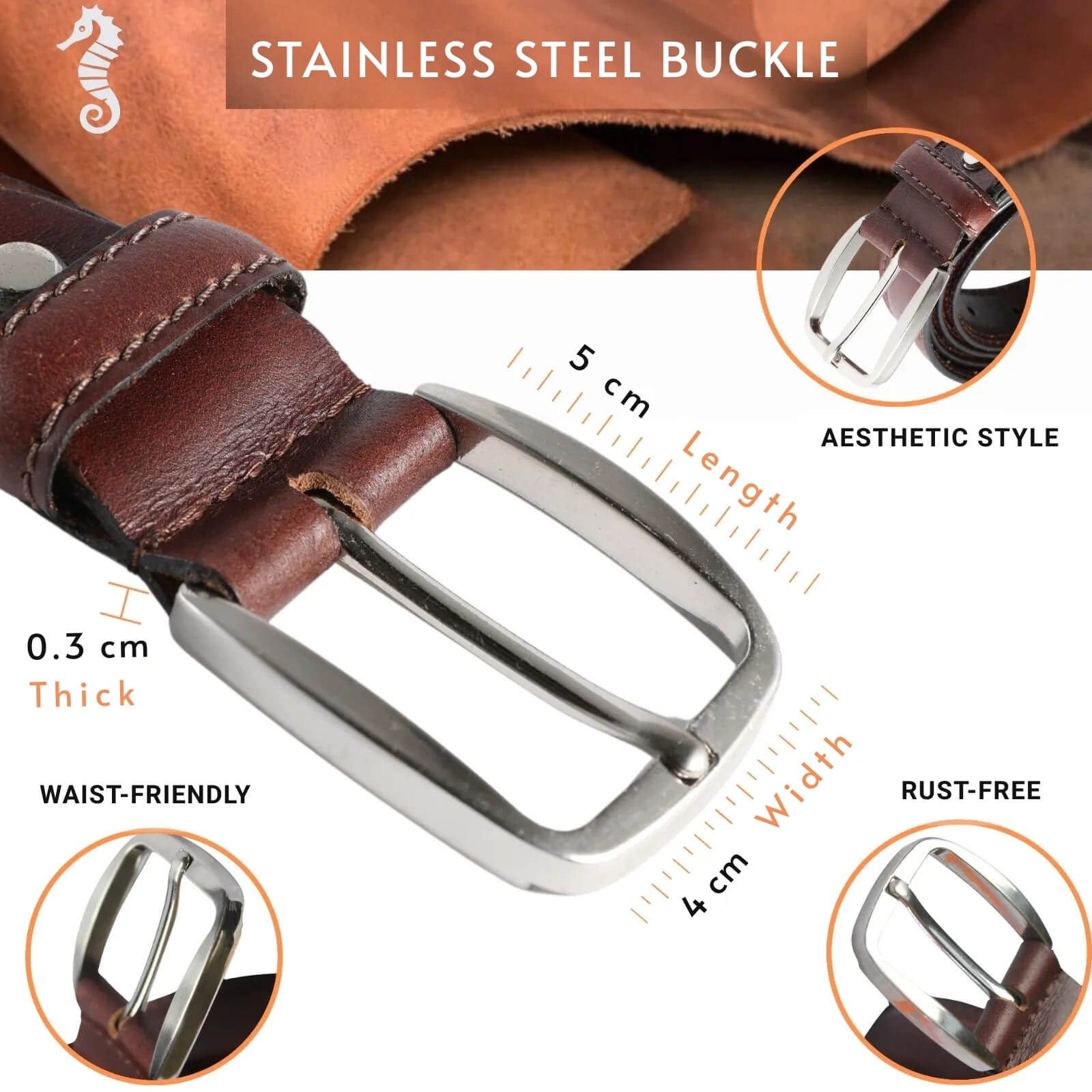 Brown leather belt with stainless steel buckle, showing features like thickness, length, and rust-free properties.