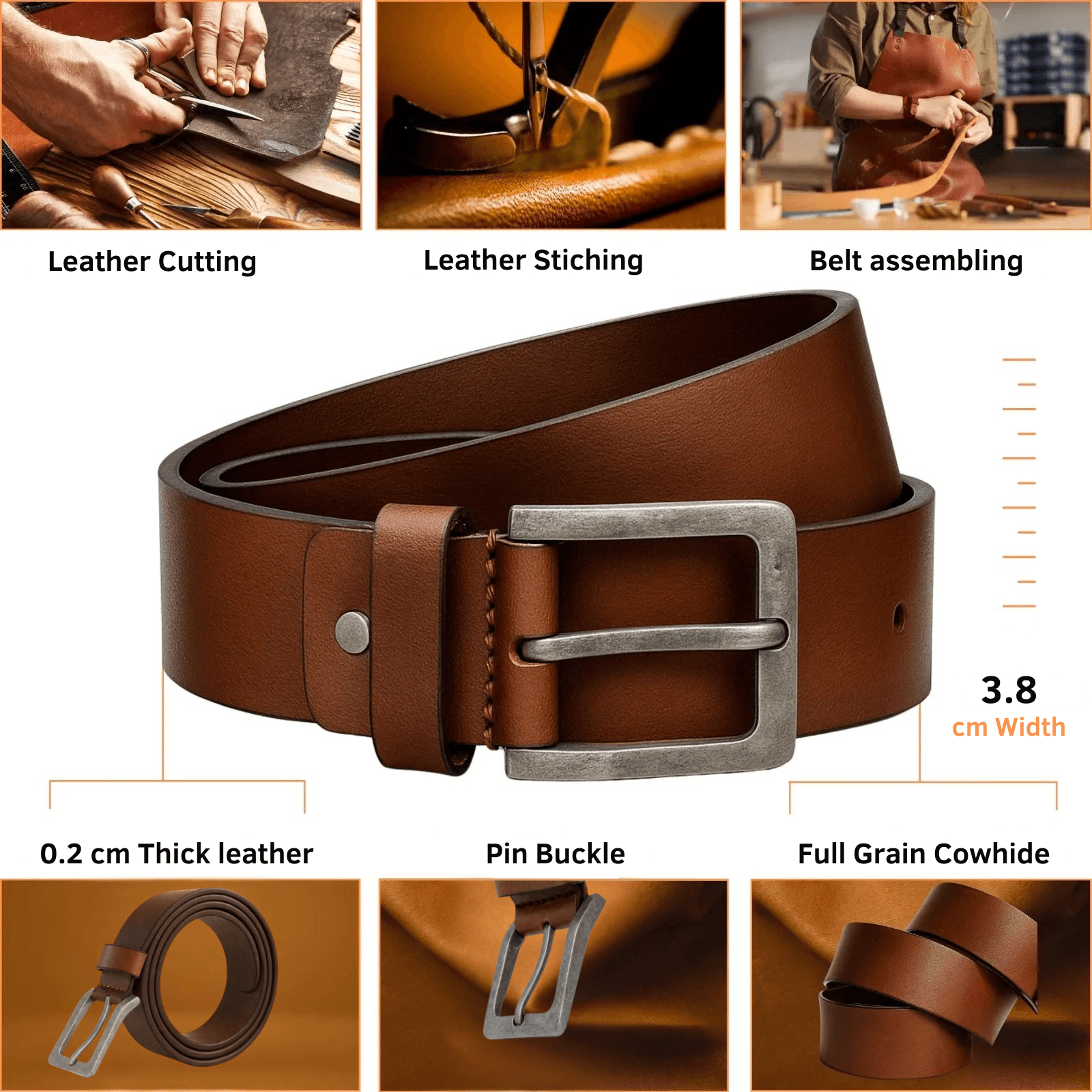 Brown leather belt with measurements and assembly process steps.