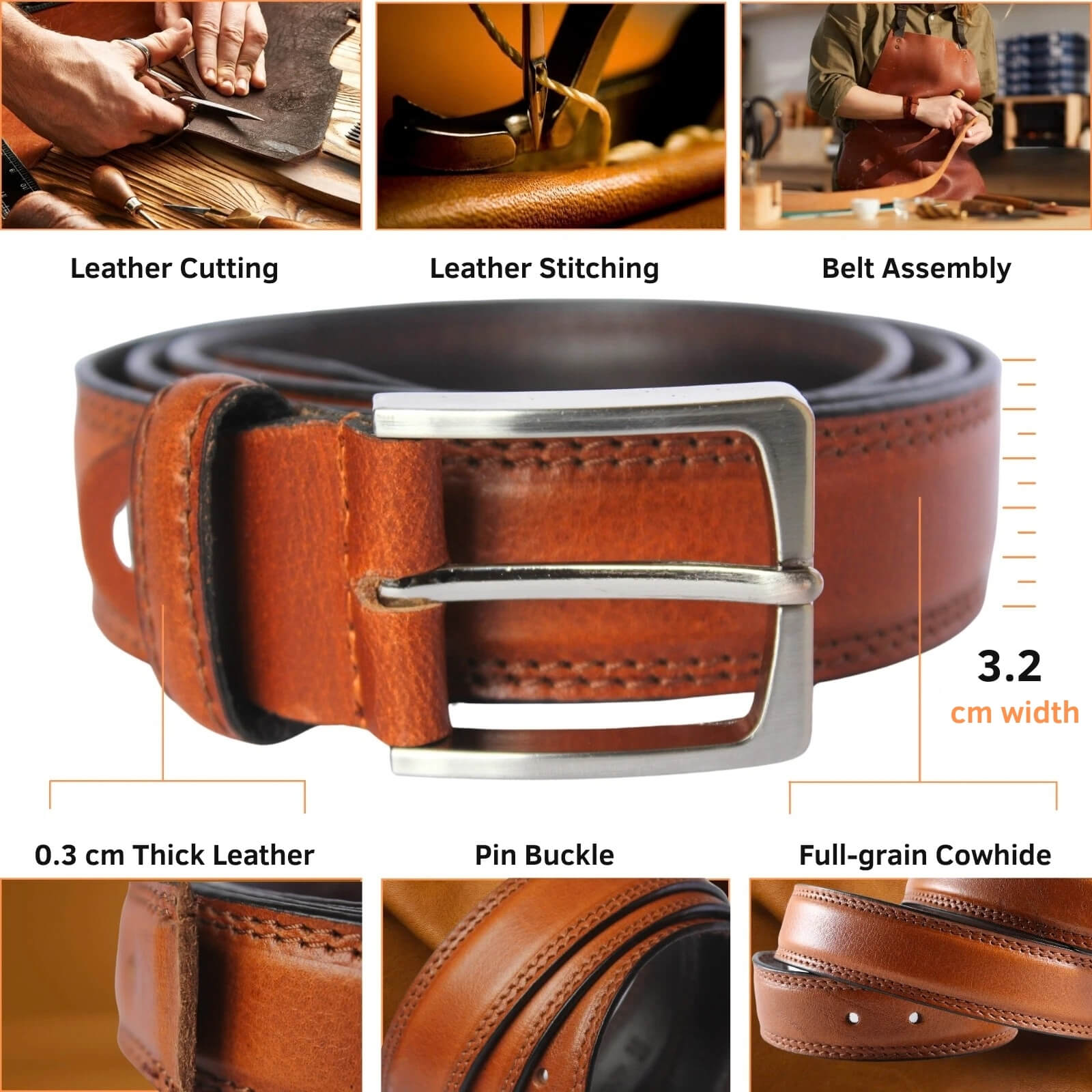 Brown leather belt with metal buckle, showing stitching and assembly process, and detailed measurements.