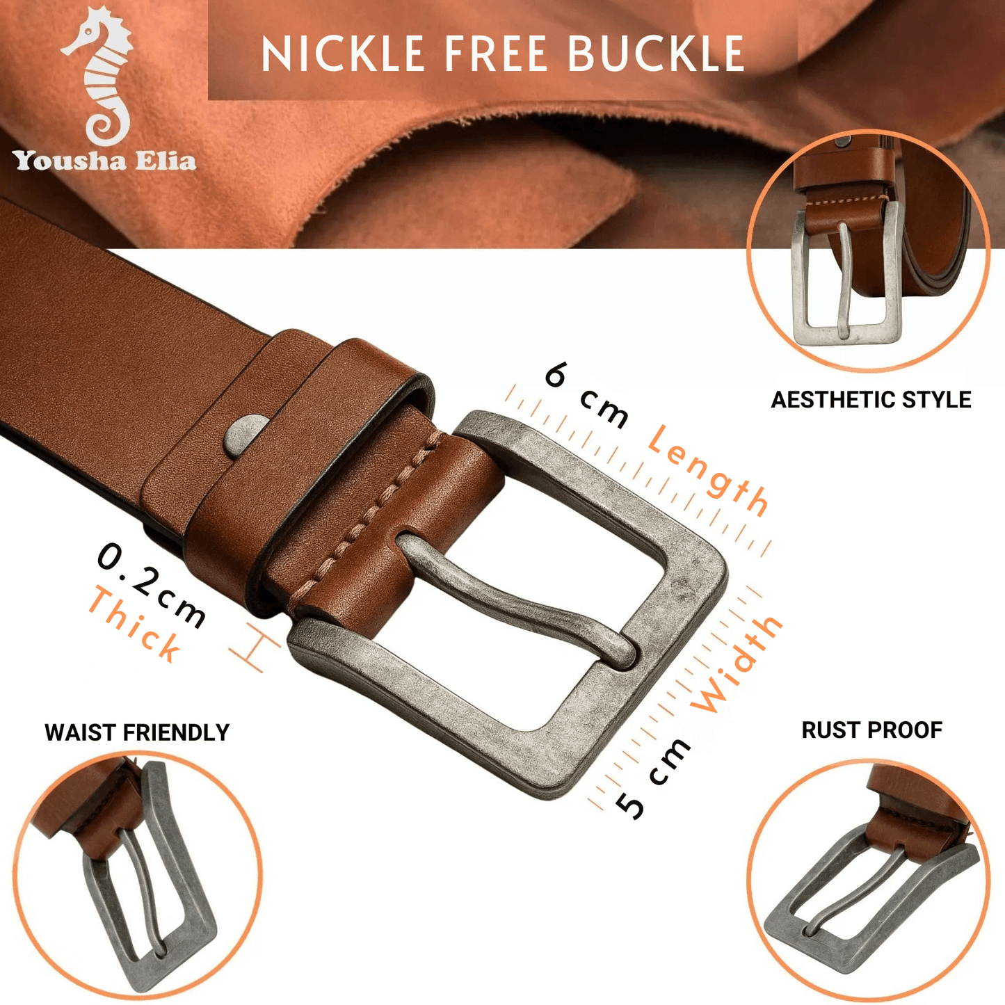 Brown leather belt with nickel-free buckle, showing buckle details and product features.