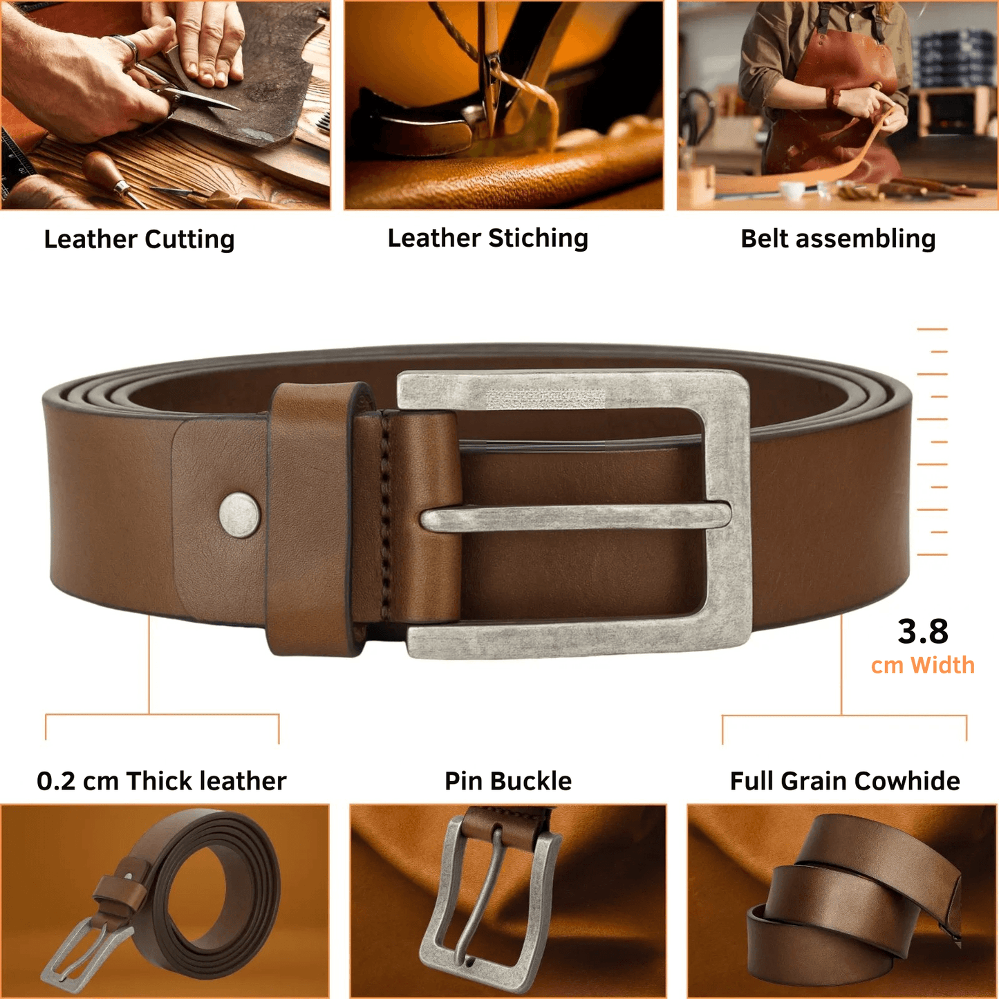 Brown leather belt with silver buckle, shown in various stages of production and close-up details.