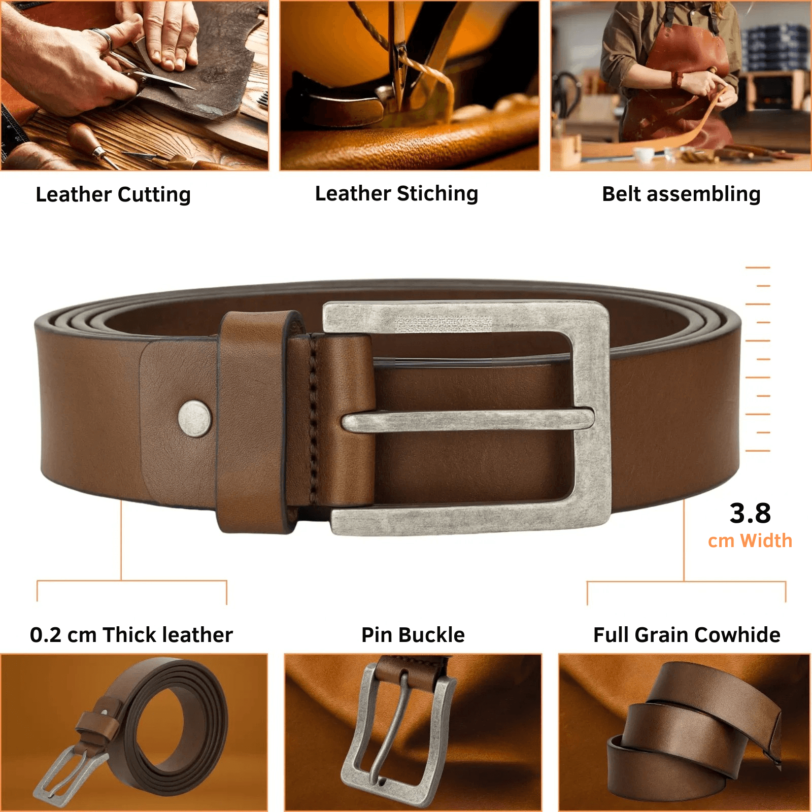 Brown leather belt with silver buckle, shown in various stages of production and close-up details.