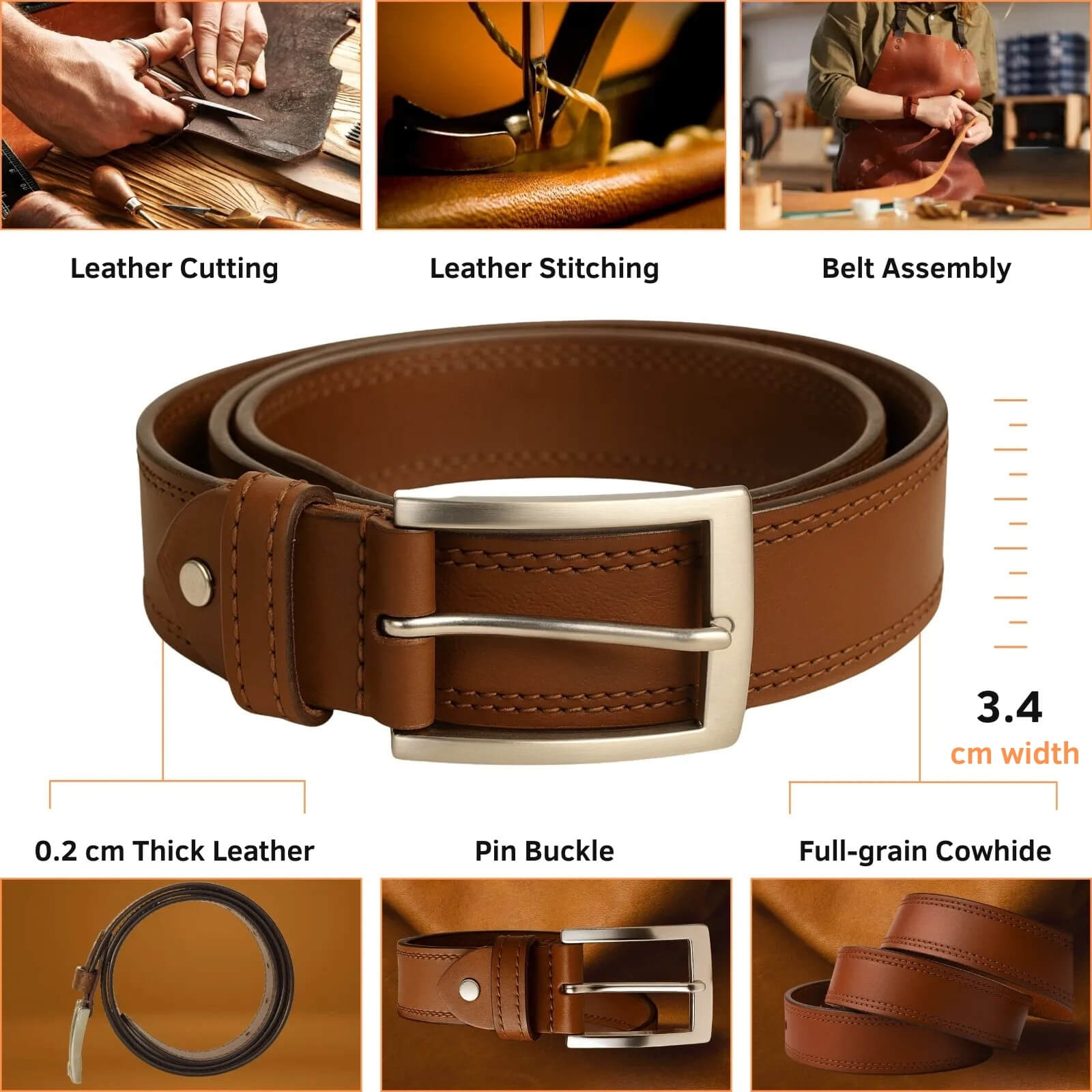 Brown leather belt with silver buckle, showing assembly process steps on a white background.