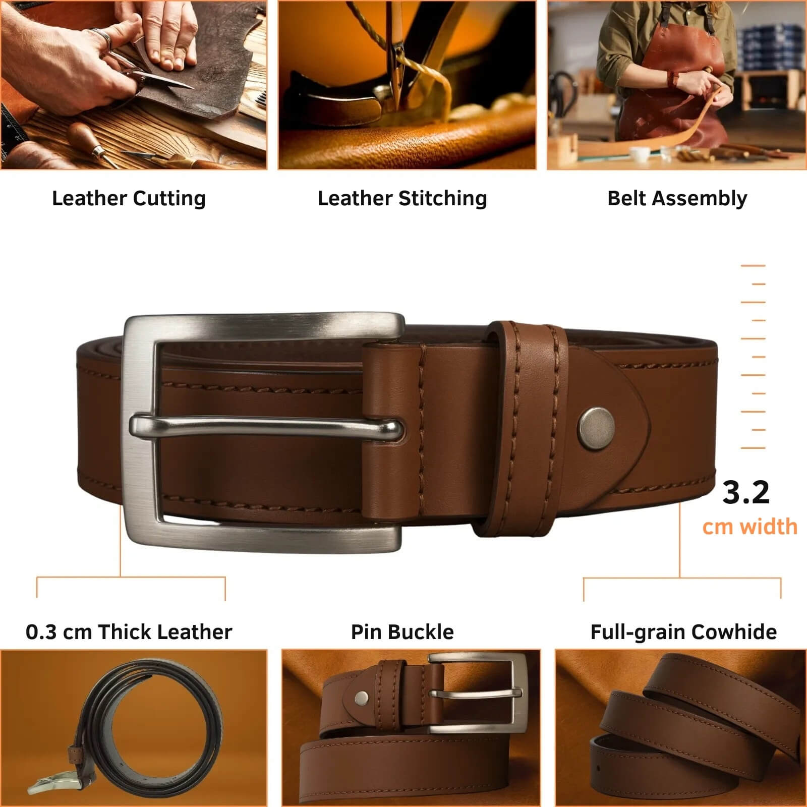Brown leather belt with stitching process and measurements on a white background