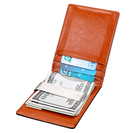 Brown leather wallet with money and cards on a white background