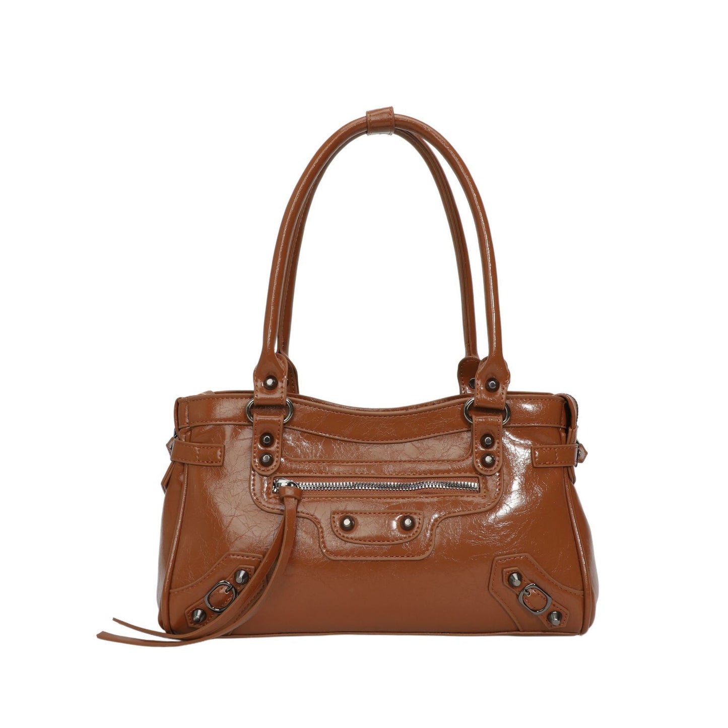 Brown leather handbag with visible hardware on a white background