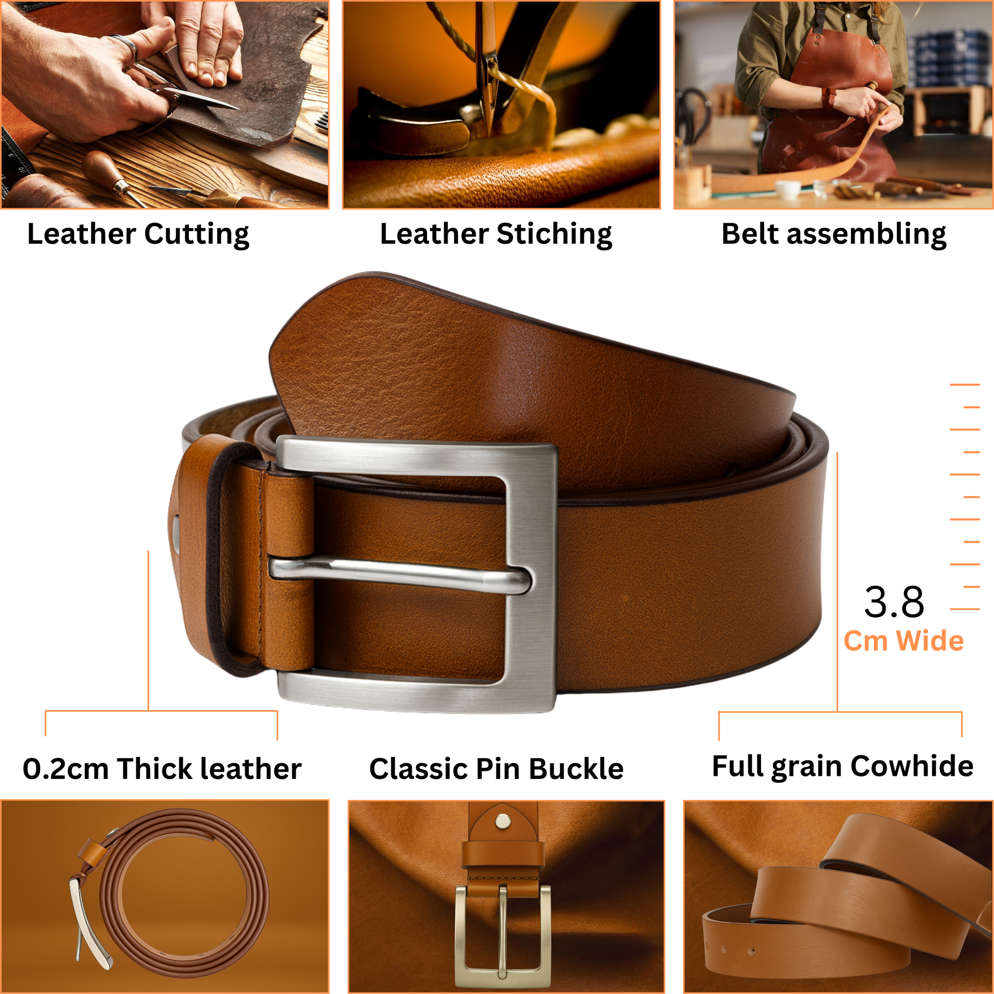 Brown leather belt with metal buckle, shown with stitching process and measurements.