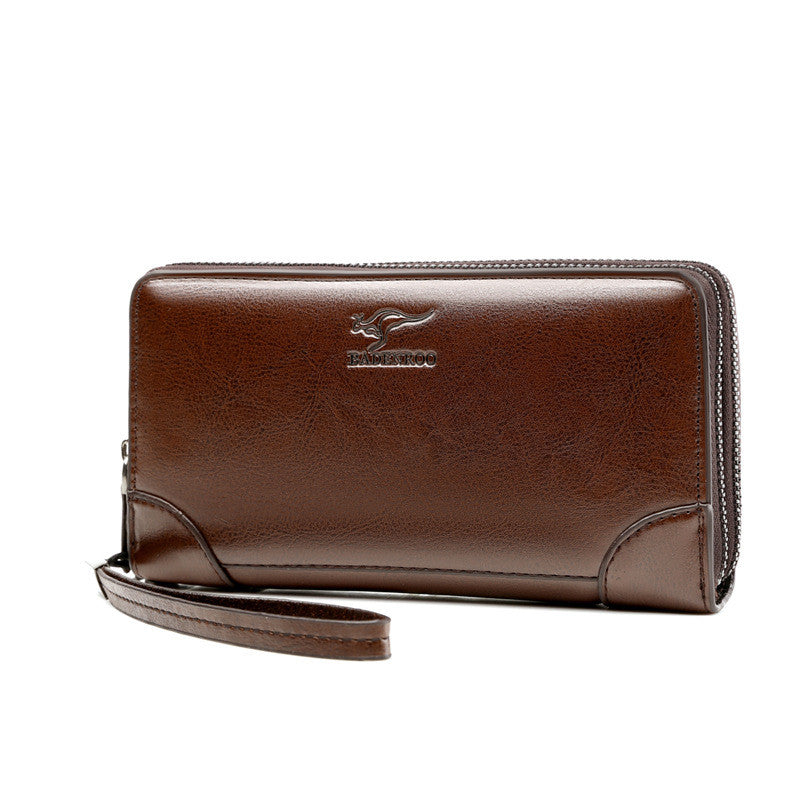 Brown leather wallet with a brand logo on a white background
