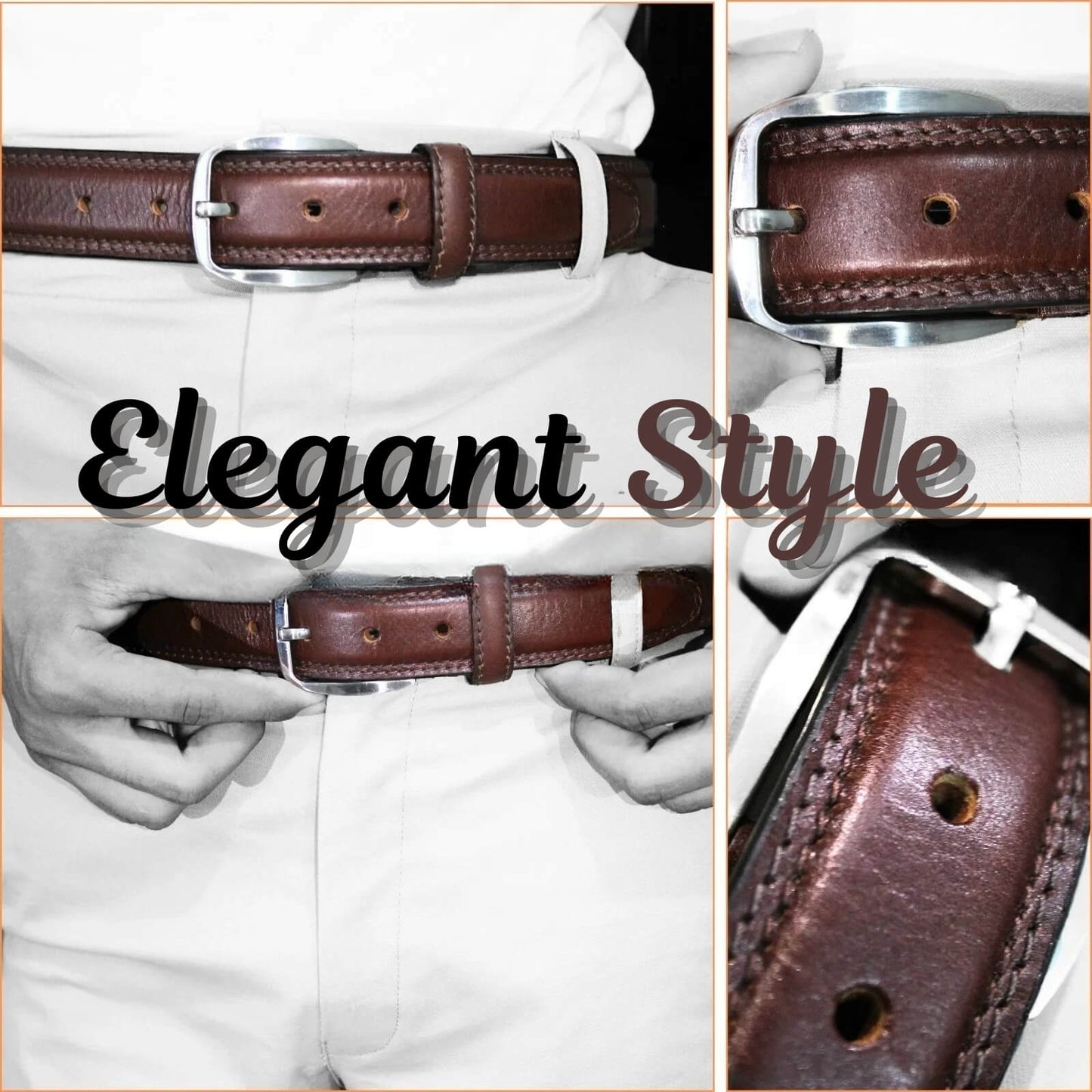 Brown leather belt with silver buckle displayed on a white shirt, with 'Elegant Style' text overlay.