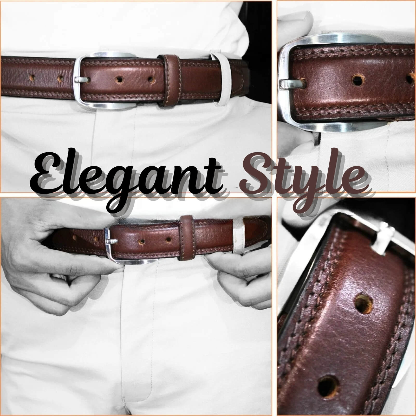 Brown leather belt with silver buckle displayed on a white shirt, with 'Elegant Style' text overlay.