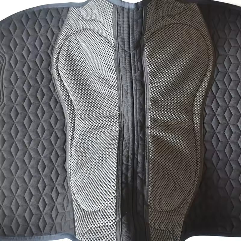 Gray and black quilted seat cover with patterned design