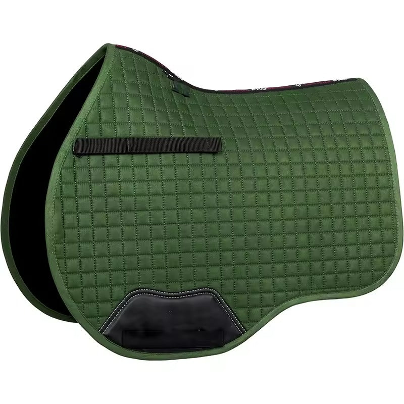 Green quilted saddle pad with black accents on a white background