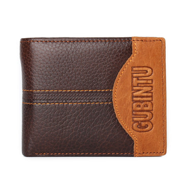 Brown leather wallet with tan accent and 'GUBINTU' branding on a white background