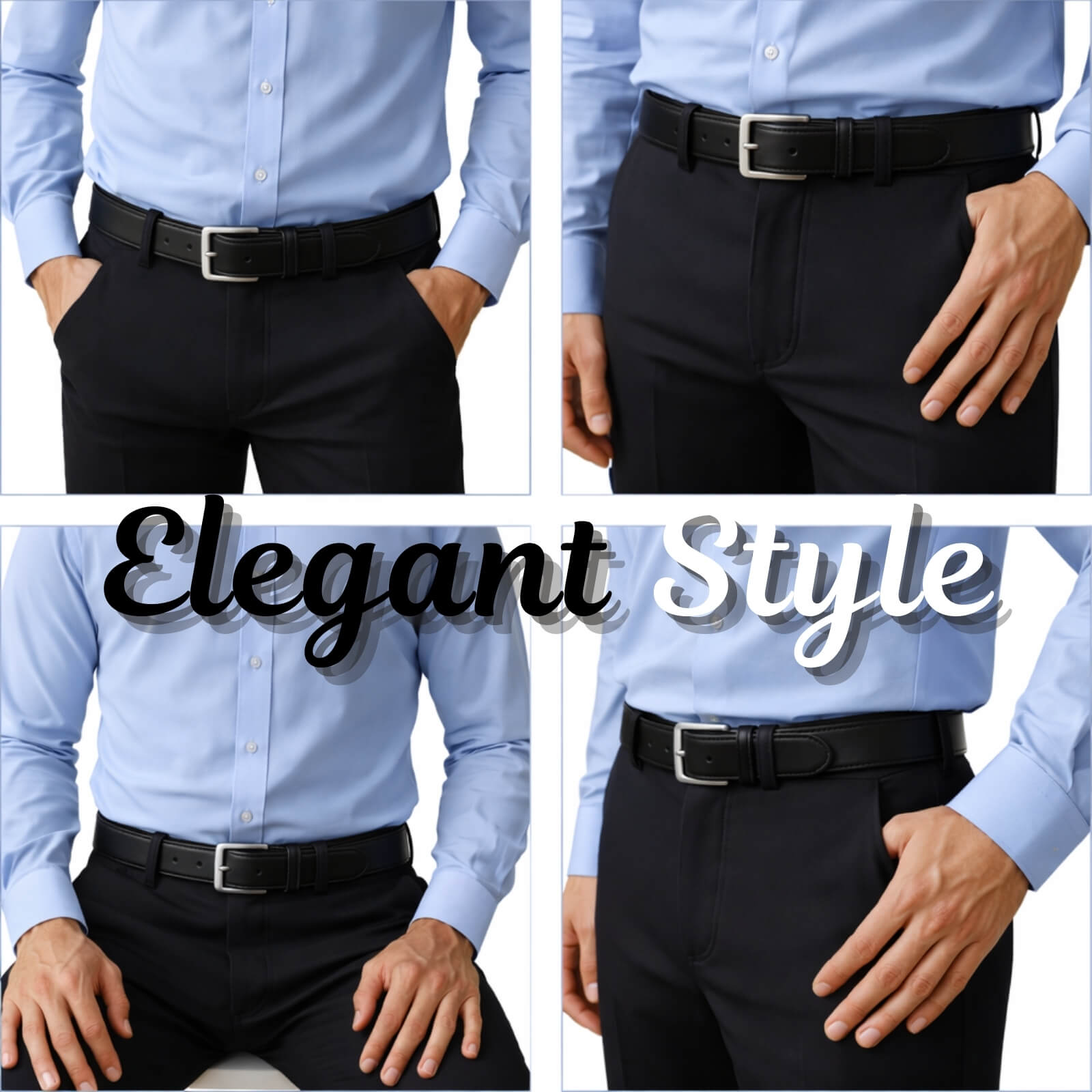 Collage of a person wearing a light blue shirt and black pants with 'Elegant Style' text.