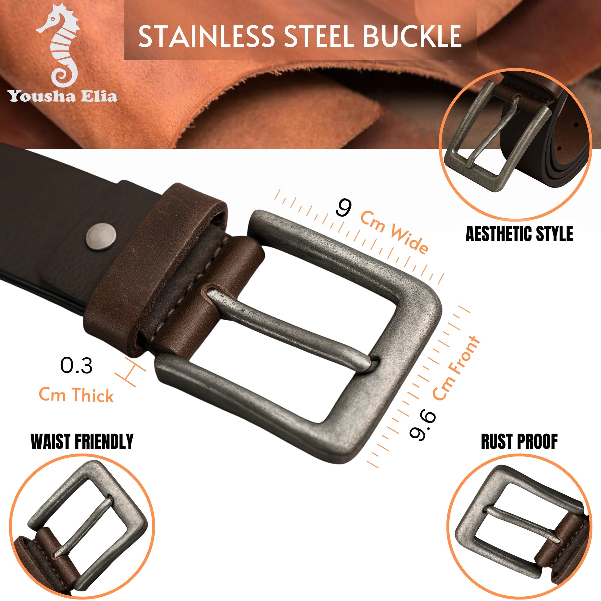 Brown belt with stainless steel buckle, showing buckle details and product features.