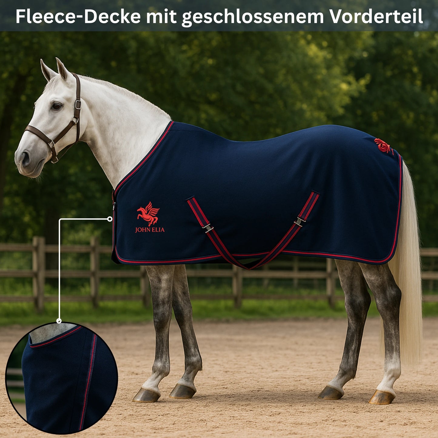 Horse wearing a navy blue fleece blanket with red trim in an outdoor setting