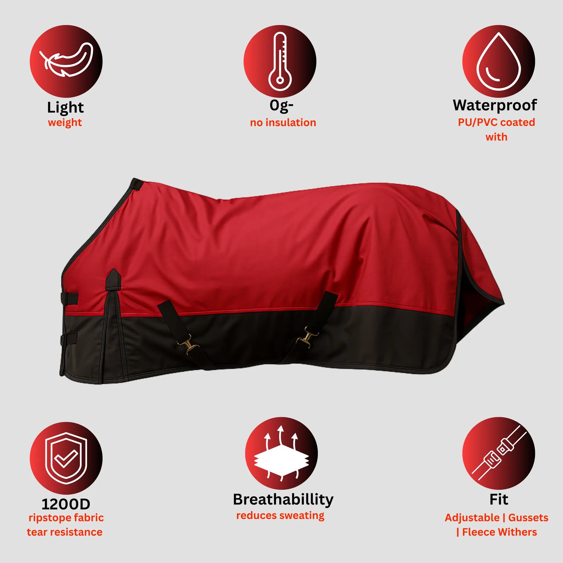 Red and black horse blanket with features highlighted on a light gray background