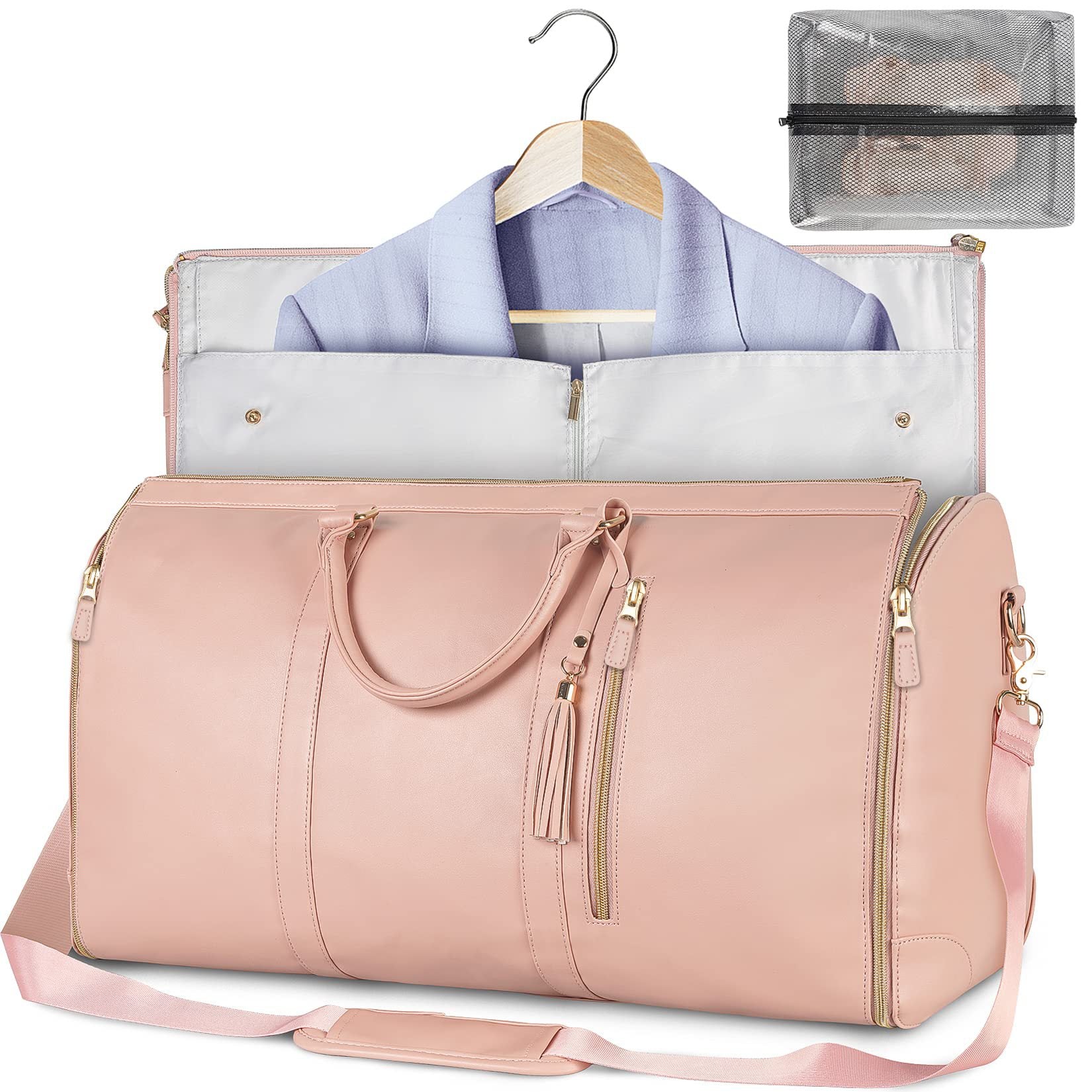 Pink travel bag with a hanger and garment inside, on a white background