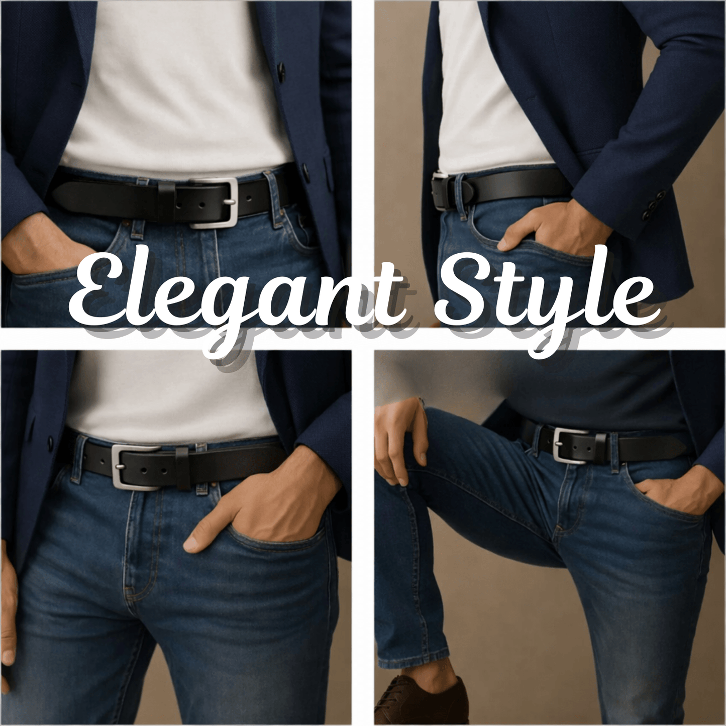 Person wearing a navy blazer, white shirt, and blue jeans with a black belt, labeled 'Elegant Style'.