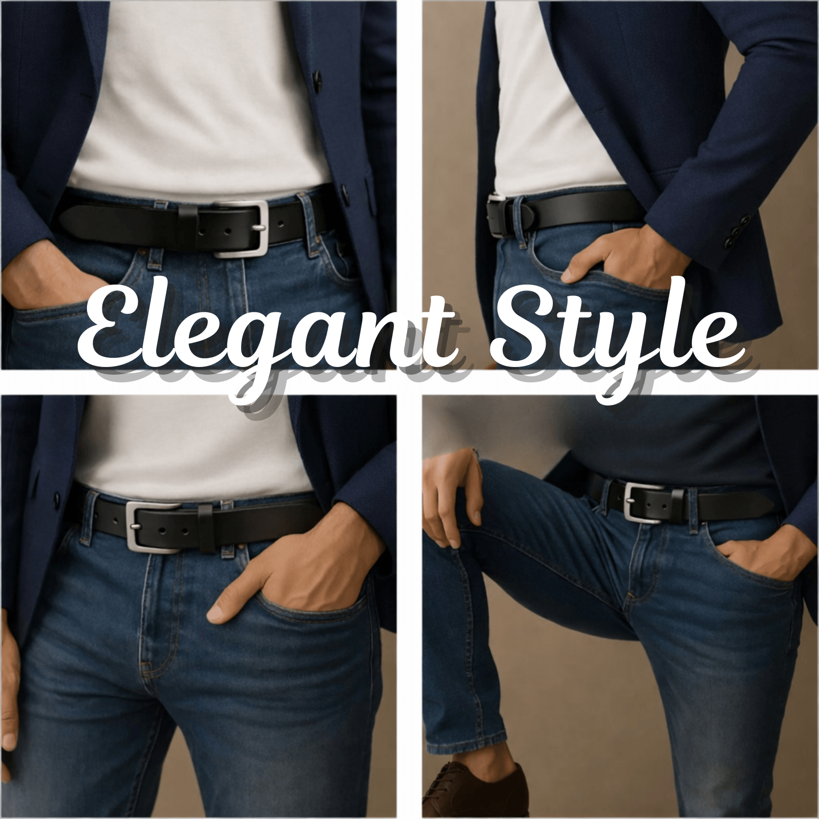 Person wearing a navy blazer, white shirt, and blue jeans with a black belt, labeled 'Elegant Style'.